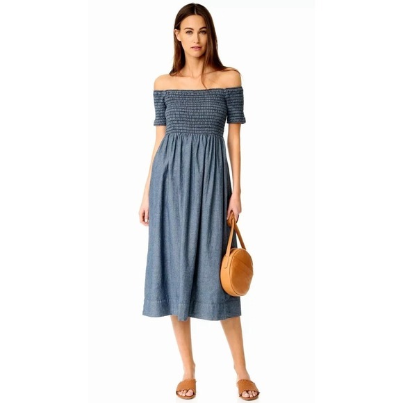 The Great. midi dress size‎ S Carnival Indio Denim Chambray off shoulder bardot - Picture 2 of 7